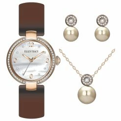 Ellen Tracy Rose Gold-Tone Watch Pendant And Earrings Set