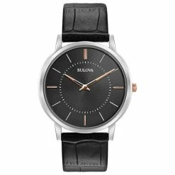 Mens Bulova Classic Ultra-Slim Black Leather Strap Watch - 98A167