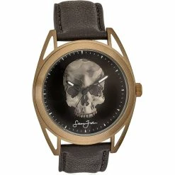Mens Sean John Gold-Tone 3D Skull Brown Strap Watch SJ0010GD