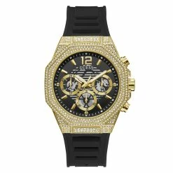 Mens Guess Watches® Gold Tone Case Black Silicone Watch -GW0518G2