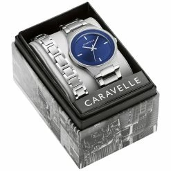 Carvelle By Bulova Men’s Stainless Blue Dial Watch Box Set-43K101