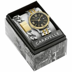 Men Carvavelle By Bulova Two-Tone Black Dial Watch Box Set-45K000