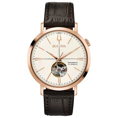Mens Bulova Automatic Rose Gold & Leather Strap Watch - 97A136 3 Mens Bulova Automatic Rose Gold & Leather Strap Watch - 97A136