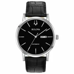 Mens Bulova Automatic Black Dial Leather Strap Watch - 96C131