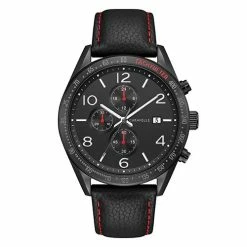 Mens Caravelle Black & Red Accent Leather Strap Watch - 45B15